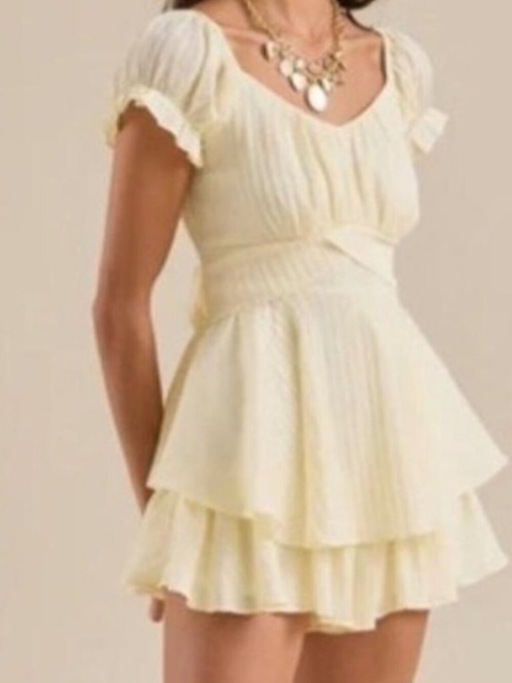 Altar'd State Haisley Double Layered Romper Yellow Puff Sleeve Bow Back Medium‎